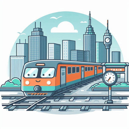 Modern train on the background of the city. Vector illustration in flat styleのイラスト素材