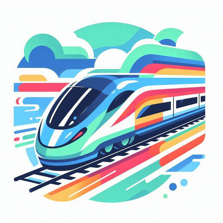 Modern high-speed train on a background of colorful clouds. Vector illustrationのイラスト素材