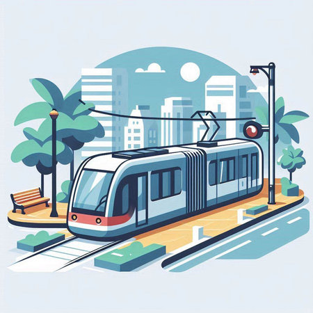 Modern urban tram on the street. Vector illustration in flat style.のイラスト素材