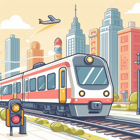 Train on the background of the city. Vector illustration in flat style.のイラスト素材