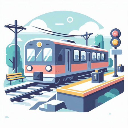 Train on the platform of the station. Vector illustration in flat styleのイラスト素材