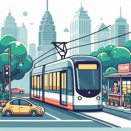 Modern tram in the city. Vector illustration in flat cartoon style.のイラスト素材