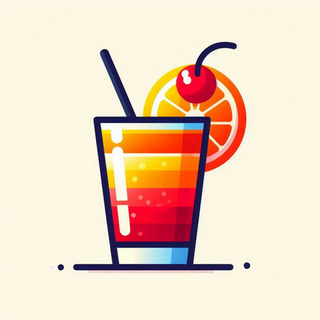 Cocktail with orange slice and straw. Vector illustration in flat styleのイラスト素材