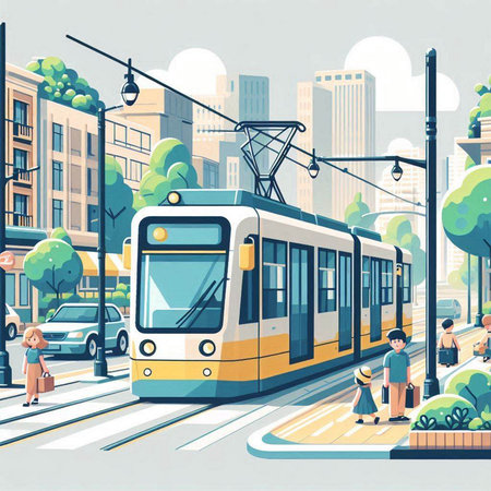 Modern tram rides on the city street. Vector illustration in flat styleのイラスト素材