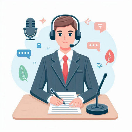 Cartoon man in a business suit with a microphone in his hands. Vector illustration.のイラスト素材