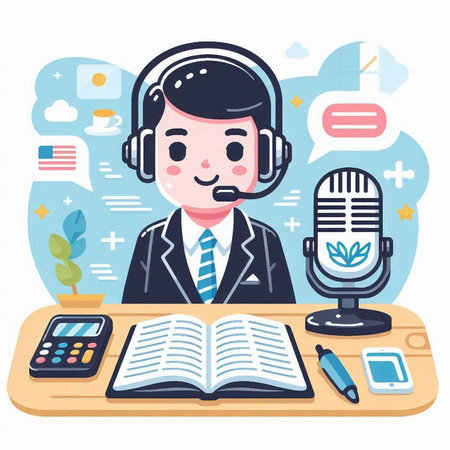 Illustration of a man in a call center with a microphone and a bookのイラスト素材