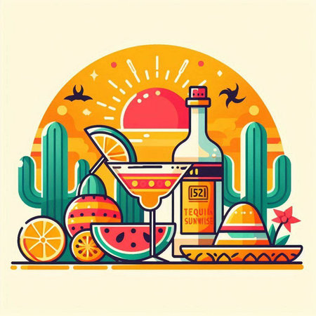 Cinco de Mayo vector illustration in flat style. Mexican sombrero hat, tequila bottle, cactus, lemon, lime, watermeloncas.のイラスト素材