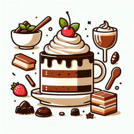 Cup of coffee with sweets. Vector illustration in cartoon style.のイラスト素材