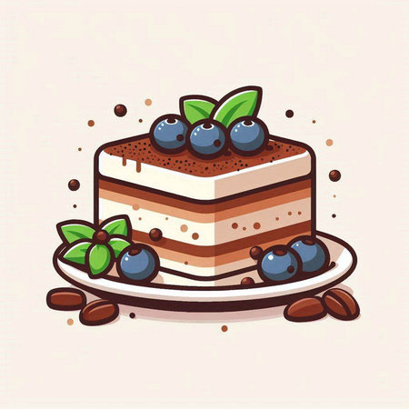Piece of cake with blueberries and mint. Vector illustration.のイラスト素材