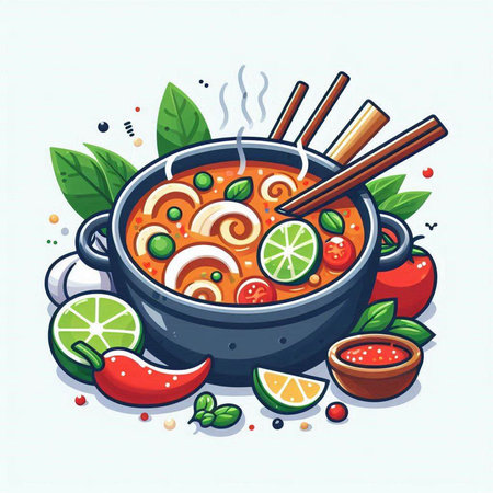 Illustration of a bowl of spicy soup with chopsticks and ingredientsのイラスト素材