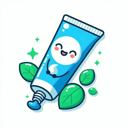 Cute cartoon toothpaste character with green leaves. Vector illustration.のイラスト素材
