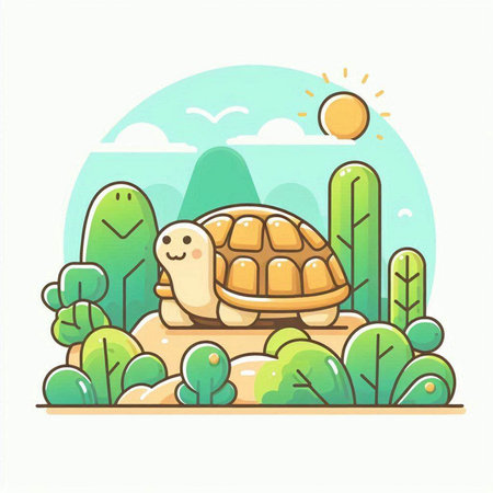 Cute cartoon turtle on the stone in the park. Vector illustrationのイラスト素材