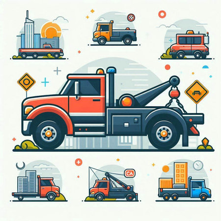 Vector set of flat color icons on the topic of trucking.のイラスト素材