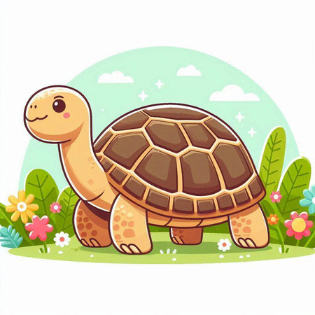 Cute cartoon turtle on a green meadow. Vector illustration.のイラスト素材