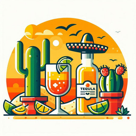 Mexican sombrero hat with tequila, cactus and lime. Vector illustrationのイラスト素材