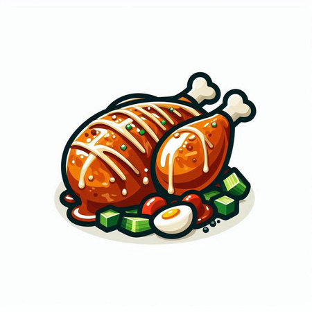Roast chicken with vegetables on a white background. Vector illustration.のイラスト素材