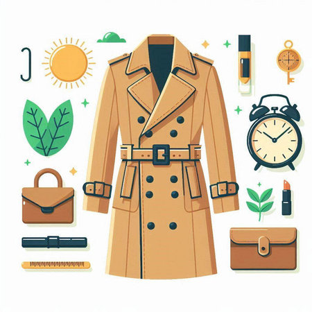 Vector illustration of a stylish beige coat with a belt, a bag, a clock, a watch, a compass, a wallet, a sunflower, a perfume bottle and a clock.のイラスト素材