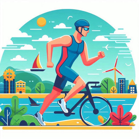 Vector illustration of a cyclist running in the park. Flat style.のイラスト素材