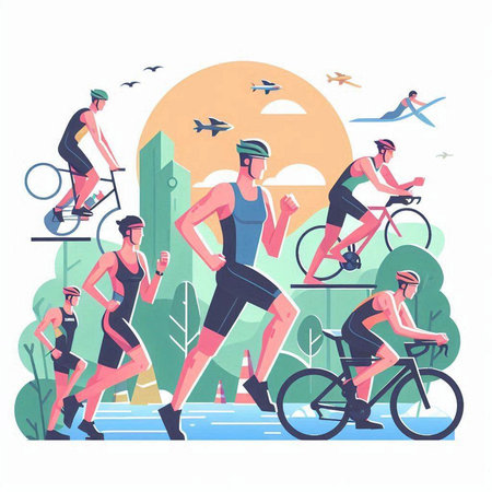 Cyclists in City Park Vector Illustration. Men and Women in Sportswear Riding Bicycles on Road, Healthy Lifestyle Conceptのイラスト素材