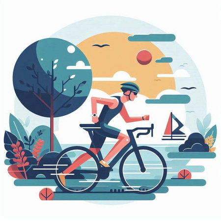Cyclist riding bicycle in the park. Flat style vector illustration.のイラスト素材