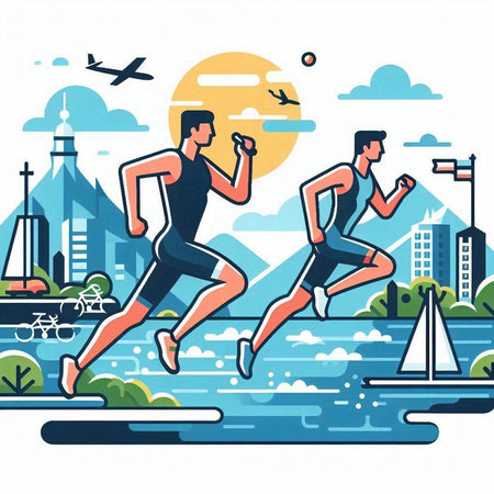 Marathon runners on city background. Vector illustration in flat style.のイラスト素材
