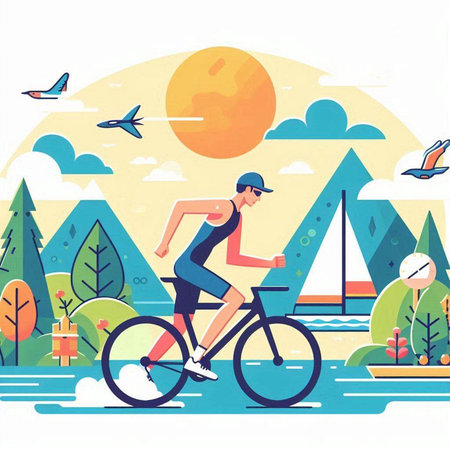 Vector illustration of a cyclist riding a bicycle on the background of nature.のイラスト素材