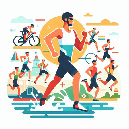 Sportive people running in city. Healthy lifestyle concept. Vector illustrationのイラスト素材