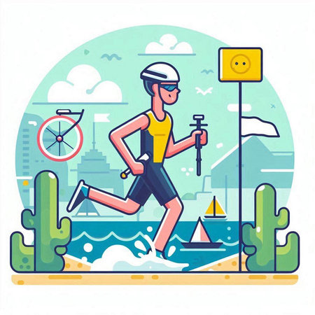 Vector illustration of a man in a helmet running along the beach.のイラスト素材