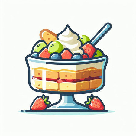 Fruit cake with whipped cream in a glass bowl. Vector illustrationのイラスト素材