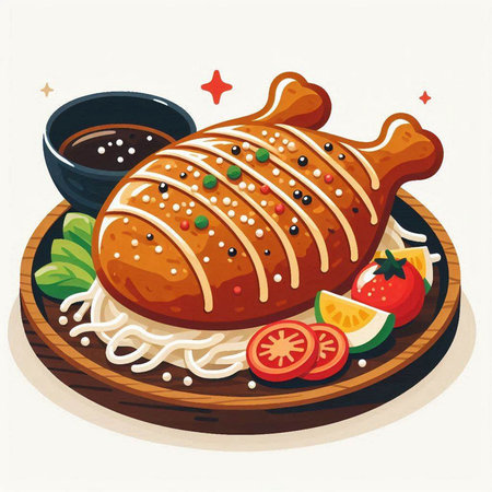 Roast chicken with rice and vegetables on a wooden plate. Vector illustration.のイラスト素材