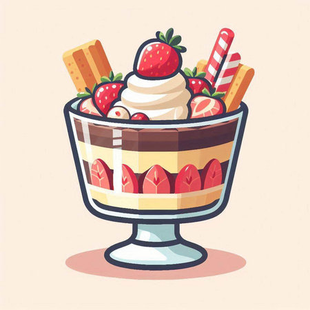 Fruit dessert in a glass bowl. Vector illustration in cartoon style.のイラスト素材