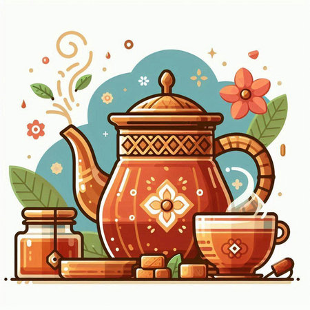 Tea ceremony. Teapot and cup of tea. Vector illustration.のイラスト素材