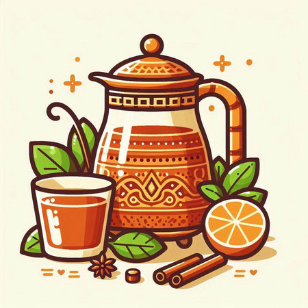 Vector illustration of a cup of tea with orange, cinnamon and anise.のイラスト素材