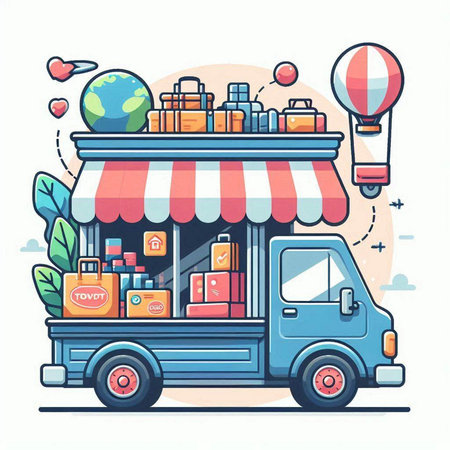 Vector illustration of a truck with boxes and bags on wheels. Delivery service concept.のイラスト素材