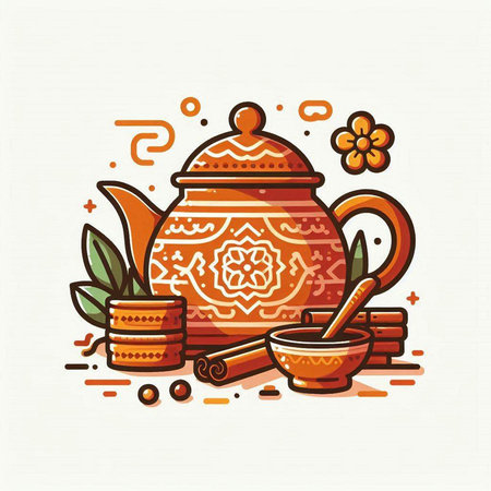 Cup of tea, teapot, bowl of honey, cup of tea leaves and cinnamon sticks. Vector illustration.のイラスト素材