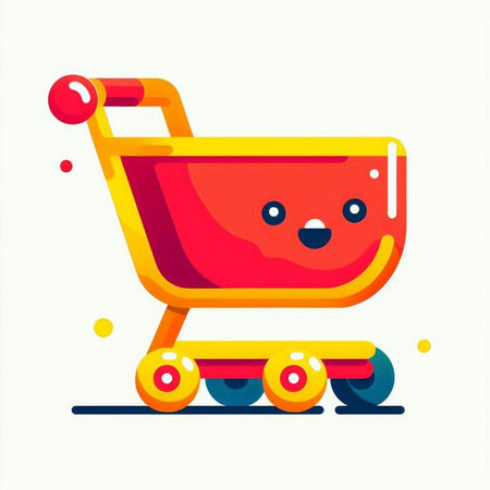 Shopping cart. Cute cartoon character. Colorful flat vector illustration.のイラスト素材