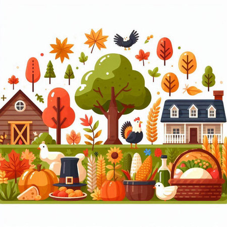 Thanksgiving day background with pumpkins, turkey, autumn trees, houses and fall leaves.のイラスト素材