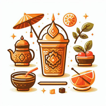 Vector illustration of traditional indian tea ceremony set with teapot, cup of tea, bowl of mandarins, ginger and coconut.のイラスト素材