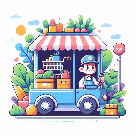 Courier in the supermarket. Vector illustration in cartoon style.のイラスト素材
