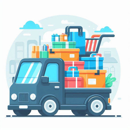Truck carrying a lot of luggage. Vector illustration in flat styleのイラスト素材