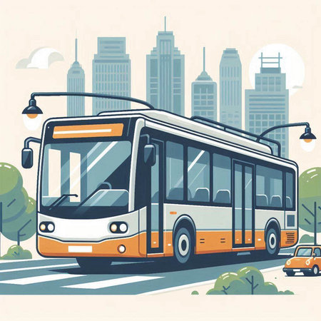 Bus on the city street. Vector illustration in flat design style.のイラスト素材