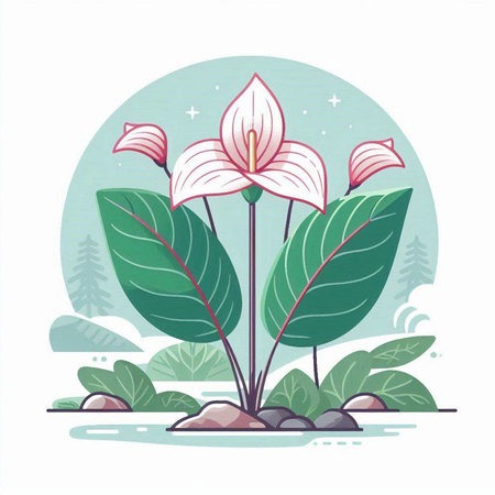 Illustration of anthurium flower with leaves on a white backgroundのイラスト素材