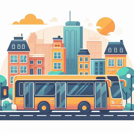 Bus on the city street. Vector illustration in flat design style.のイラスト素材