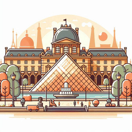Cityscape with buildings and fountain. Vector illustration in flat style.のイラスト素材