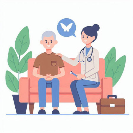 Doctor with stethoscope examining senior patient. Flat vector illustration.のイラスト素材