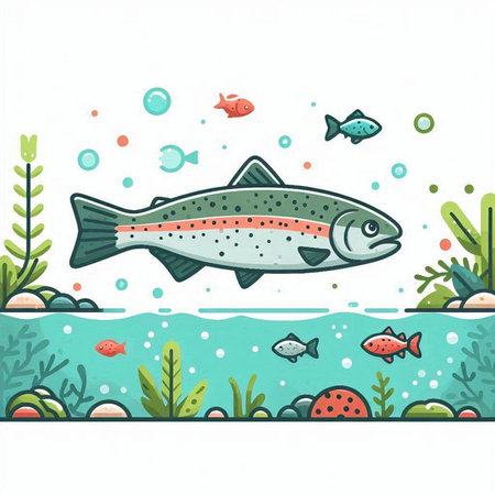Vector illustration of a rainbow trout in the sea on white background.のイラスト素材