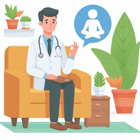 Male doctor sitting on sofa and meditating. Vector illustration in flat styleのイラスト素材