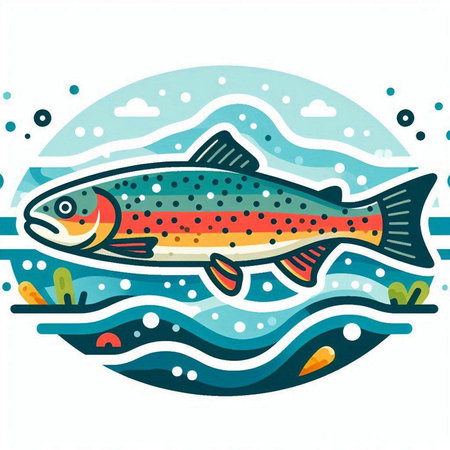 Vector illustration of a rainbow trout on the background of the sea.のイラスト素材