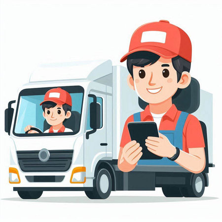 Delivery man with mobile phone and truck. Vector illustration in cartoon styleのイラスト素材