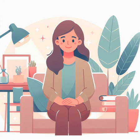 Girl sitting on the sofa in the living room. Vector illustration.のイラスト素材